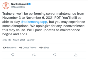 Niantic announces server maintenance: November 3rd to 6th