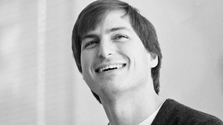 Classic black and white photo of Steve Jobs