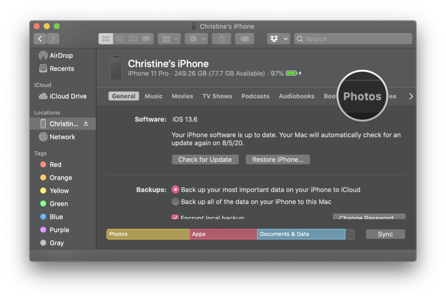 Upload photos and videos via iTunes and Finder by showing steps: Click Photos under your device