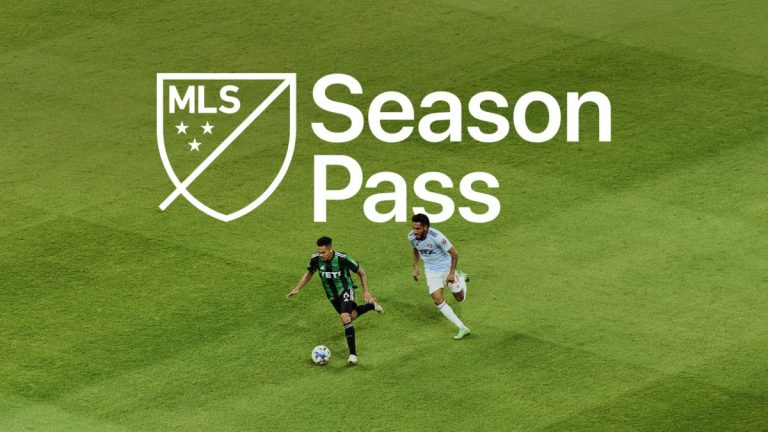 two football players on a football pitch with the logo for MLS Season Pass superimposed in white