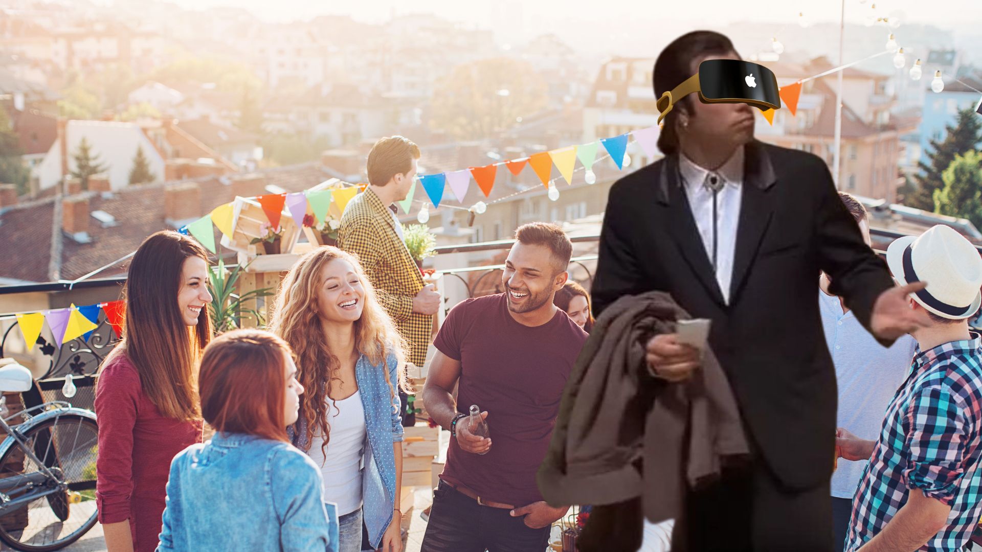 John Travolta at a party, wearing Apple VR