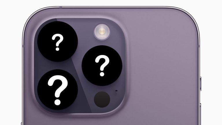iPhone 14 Pro MAx with question marks on its camera sensors