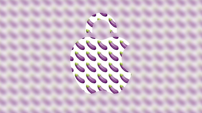 A grid of eggplant emojis blurred, save for a Apple padlock icon
