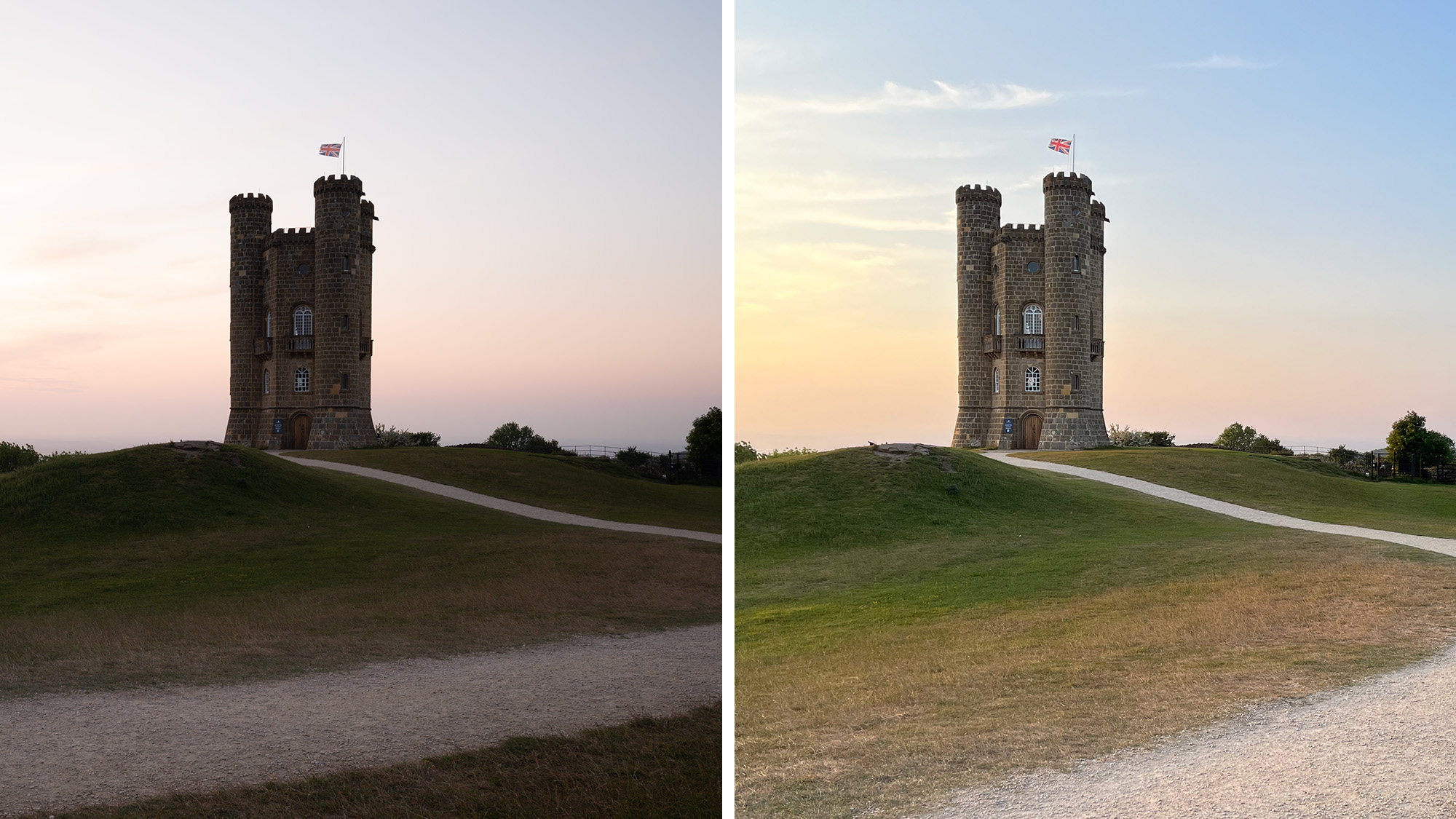 An unprocessed JPEG from a mirrorless camera (left) and the same scene, fresh from my iPhone 13 (right), highlight Apple’s advanced auto-image processing