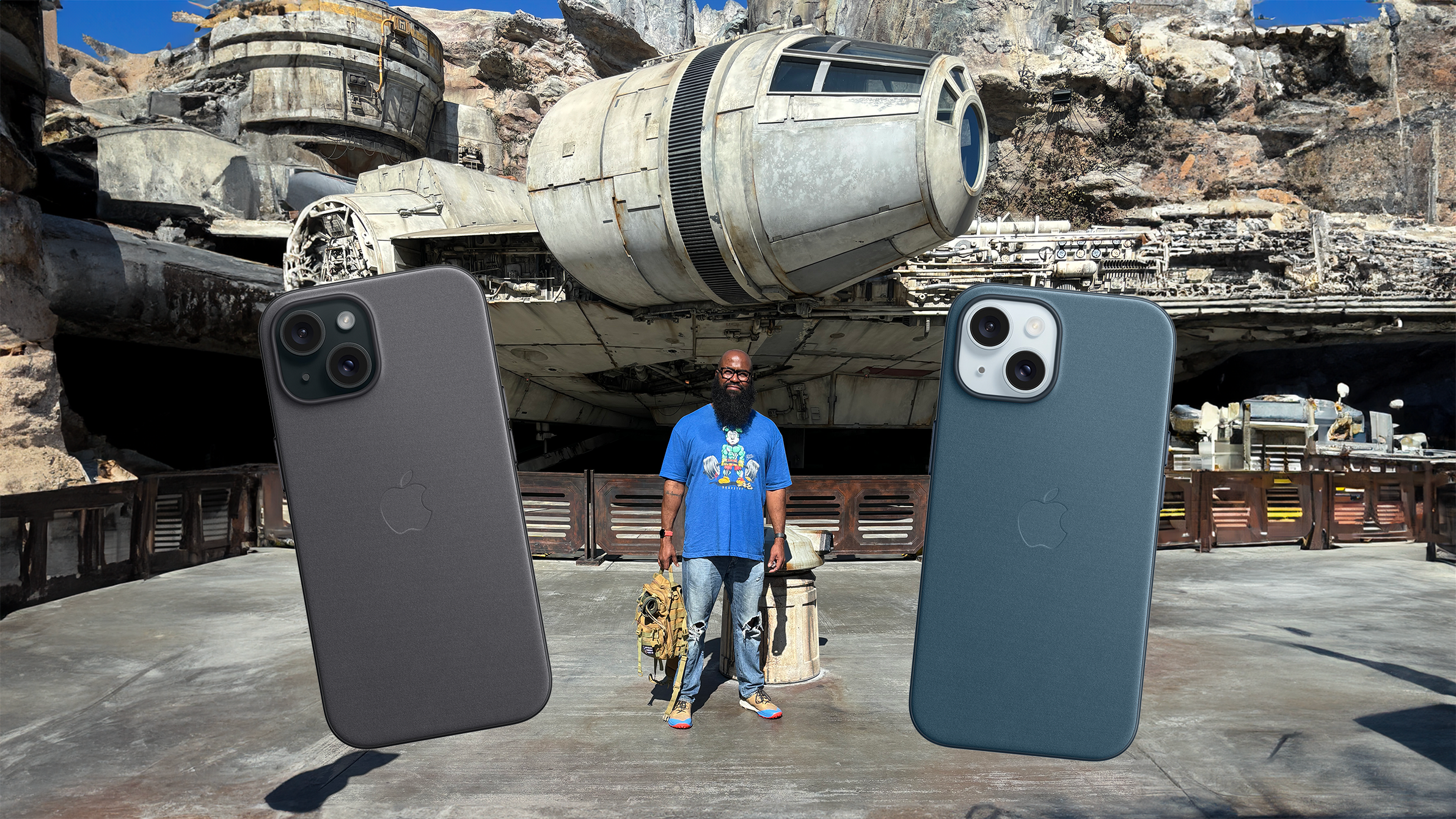 Tshaka standing in front of the Millenium Falcon
