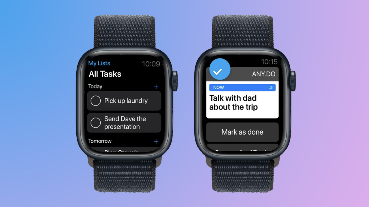Screenshots of Any.do app on Apple Watch