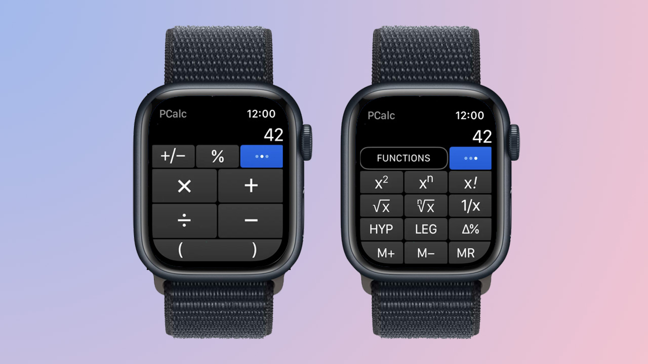 Screenshots of the PCalc app on Apple Watch
