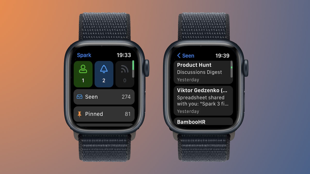 Screenshots of the Spark Mail app on Apple Watch