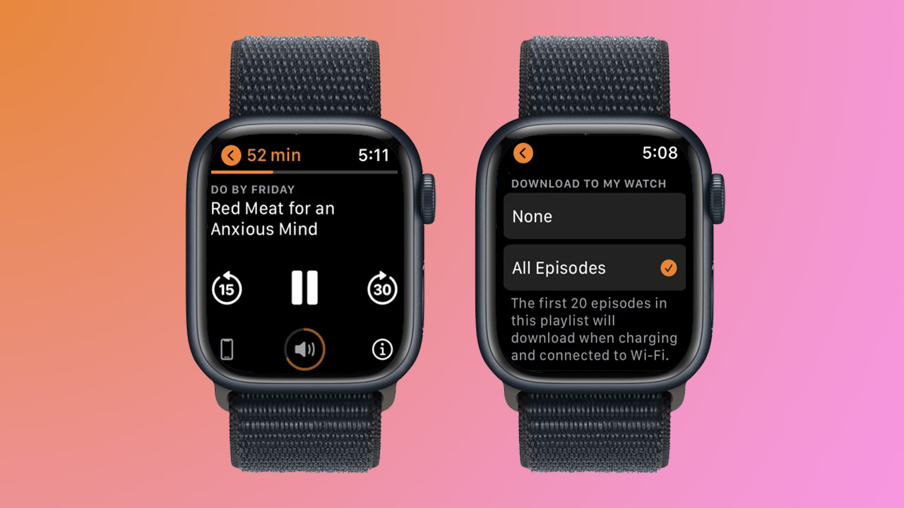 Screenshots of the Overcast app on Apple Watch