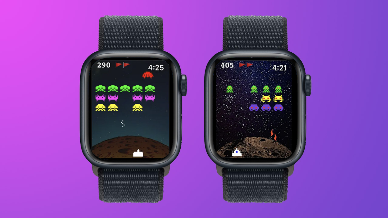 Screenshots of the Invaders Mini app on Apple Watch