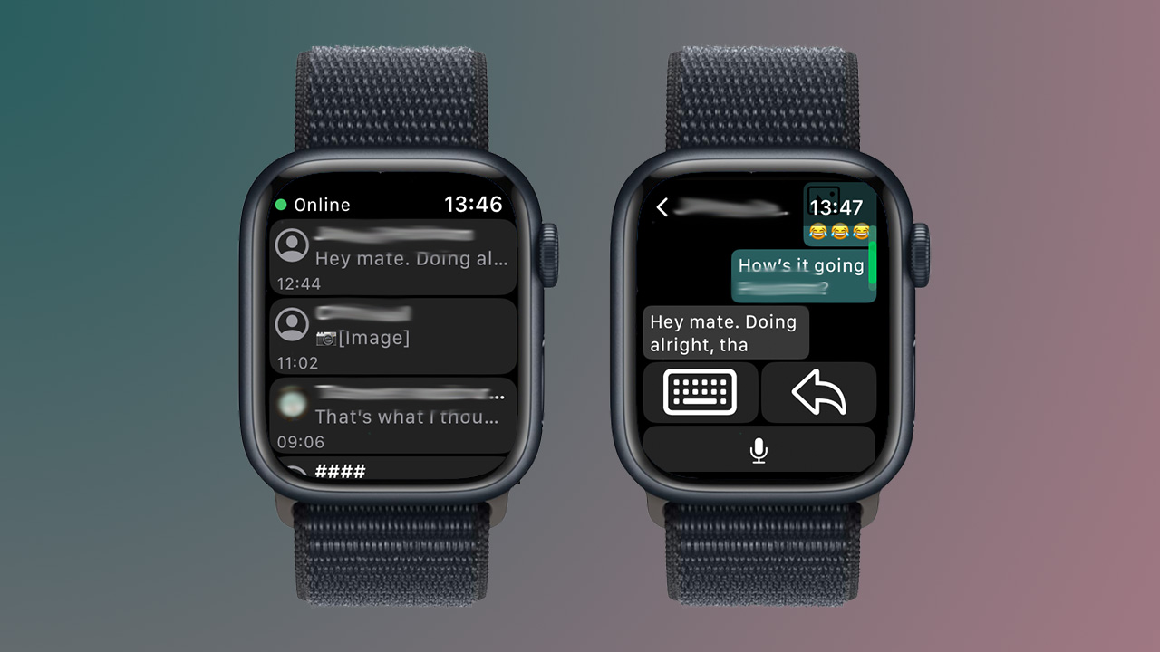 Screenshots of the WatchChat 2 app on Apple Watch