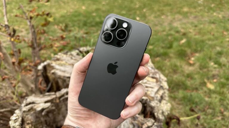 The back of an iPhone 15 Pro, showing its camera system.